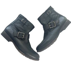 Frye Tyler Engineer Black Leather Boots Buckle Strap Heeled Moto Rugged Size 8 B